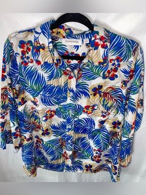 Breckenridge Cotton Tropical Print Blouse Button Down 3/4 Sleeve Size L